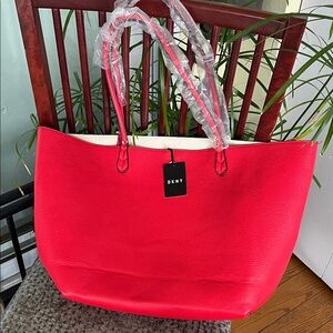DKNY Bright Red Leather Tote with White Trim